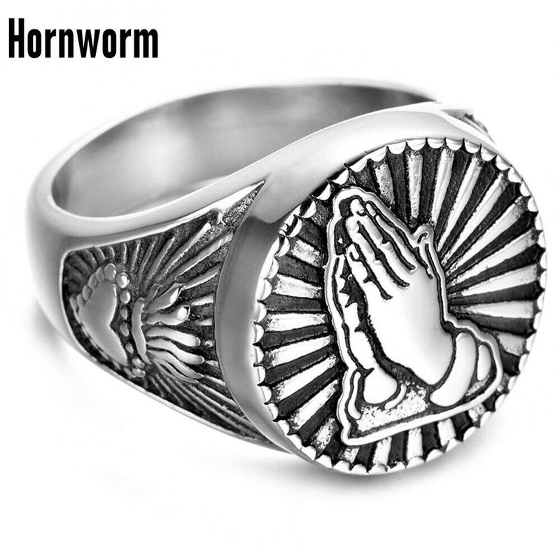 Mens Stainless Steel Catholic Sacred Heart Protection Praying Hands Ring Punk Retro Vintage Cool Father's Day Dad Gift_voghion.com