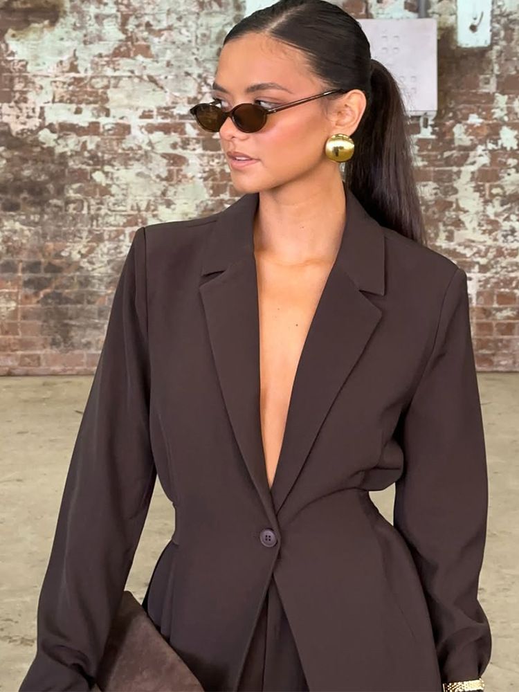 Damen-Set aus maßgeschneidertem Blazer und Hose mit Revers – Büro-Eleganz mit einem Knopf (S-L, klassische Unifarben)_voghion.com