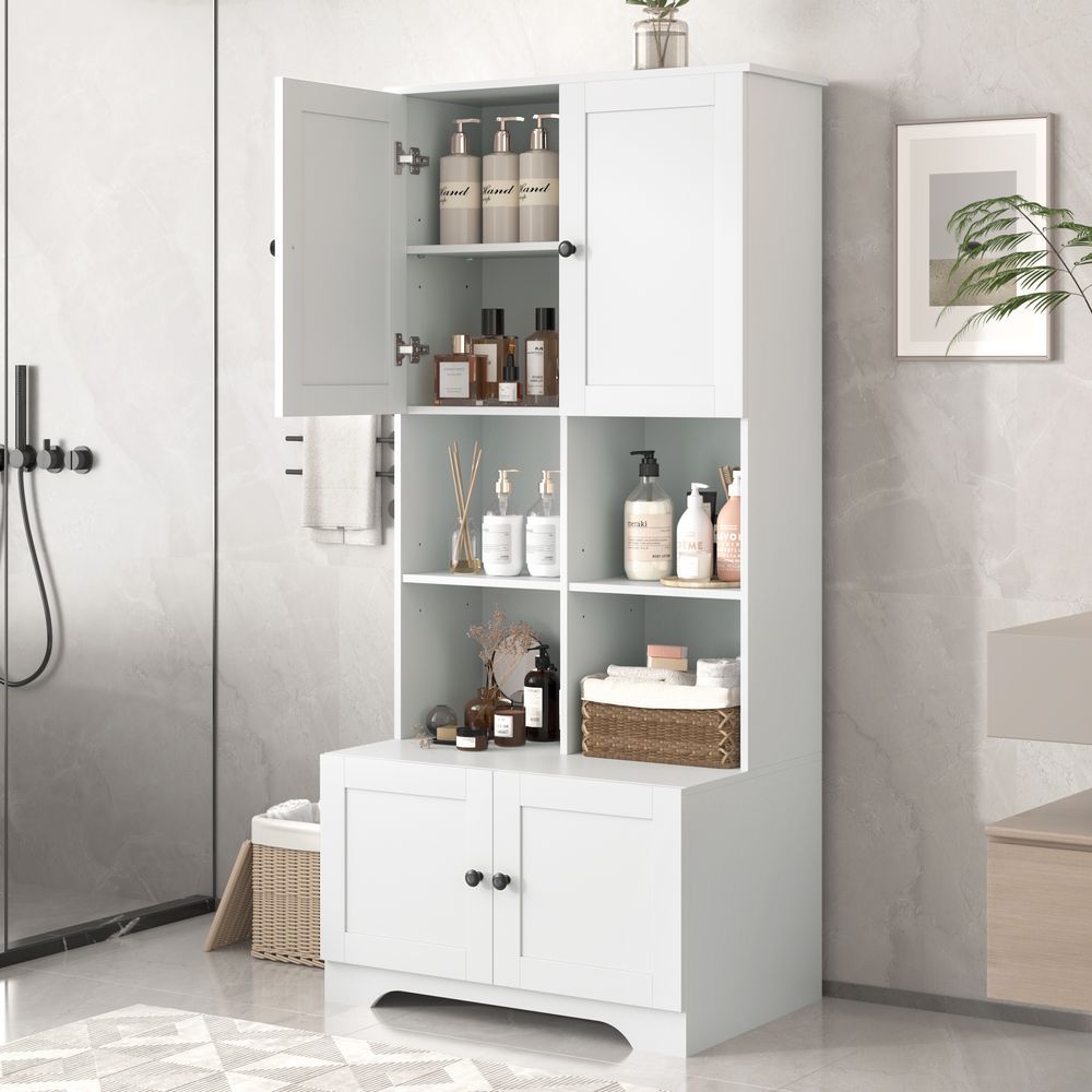 Tall And Wide Bathroom Floor Storage Cabinet, Bathroom Storage Unit, Freestanding Cabinet With 4 Doors, Adjustable Shelves, Open Multi-layer Shelves_voghion.com