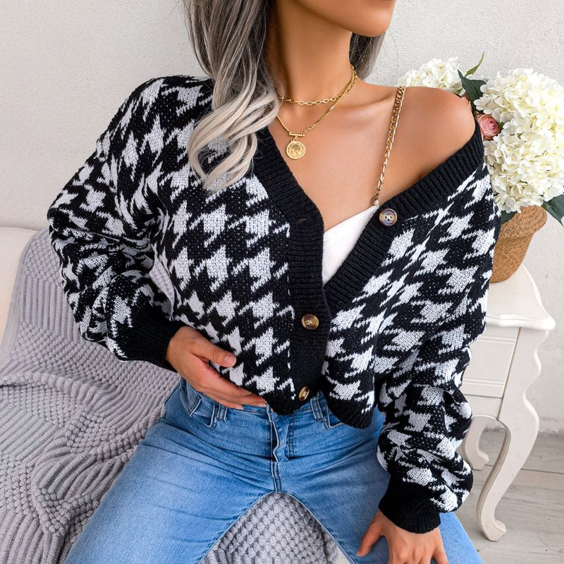Lässiger, langärmliger, karierter Cardigan-Pullovermantel mit Laterne für Damen_voghion.com