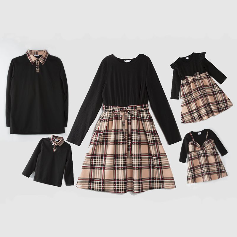 Family matching 2024 new autumn plaid splicing family parent child five piece set long sleeved dress father and son POLO shirt_voghion.com