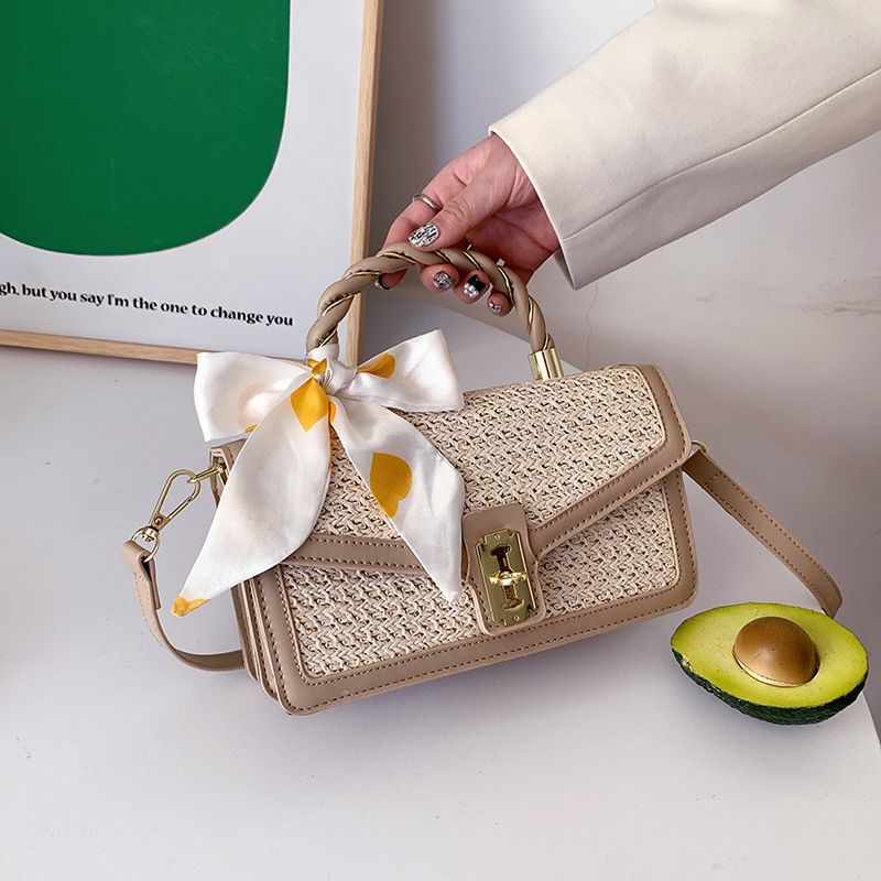 Pojedyncza torba na ramię letnia nowa torba ze słomy kokardka jedwabny szalik torebka Crossbody zamek mała świeża tkana torba_voghion.com