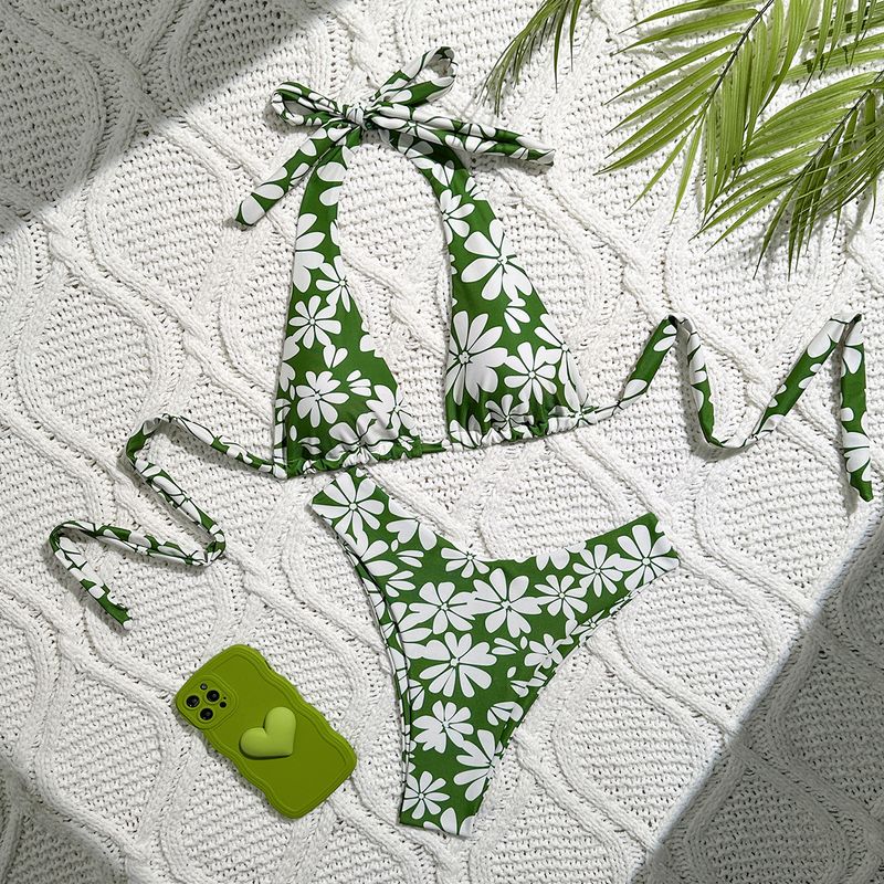 Women's Clothing new soft pack small fresh halter neck tie split bikini fashion high waist printed women's swimsuit_voghion.com