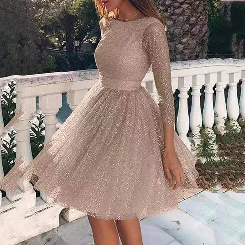 Abito da sera con maniche lunghe e vita alta, scintillante, da donna, abito da cocktail_voghion.com