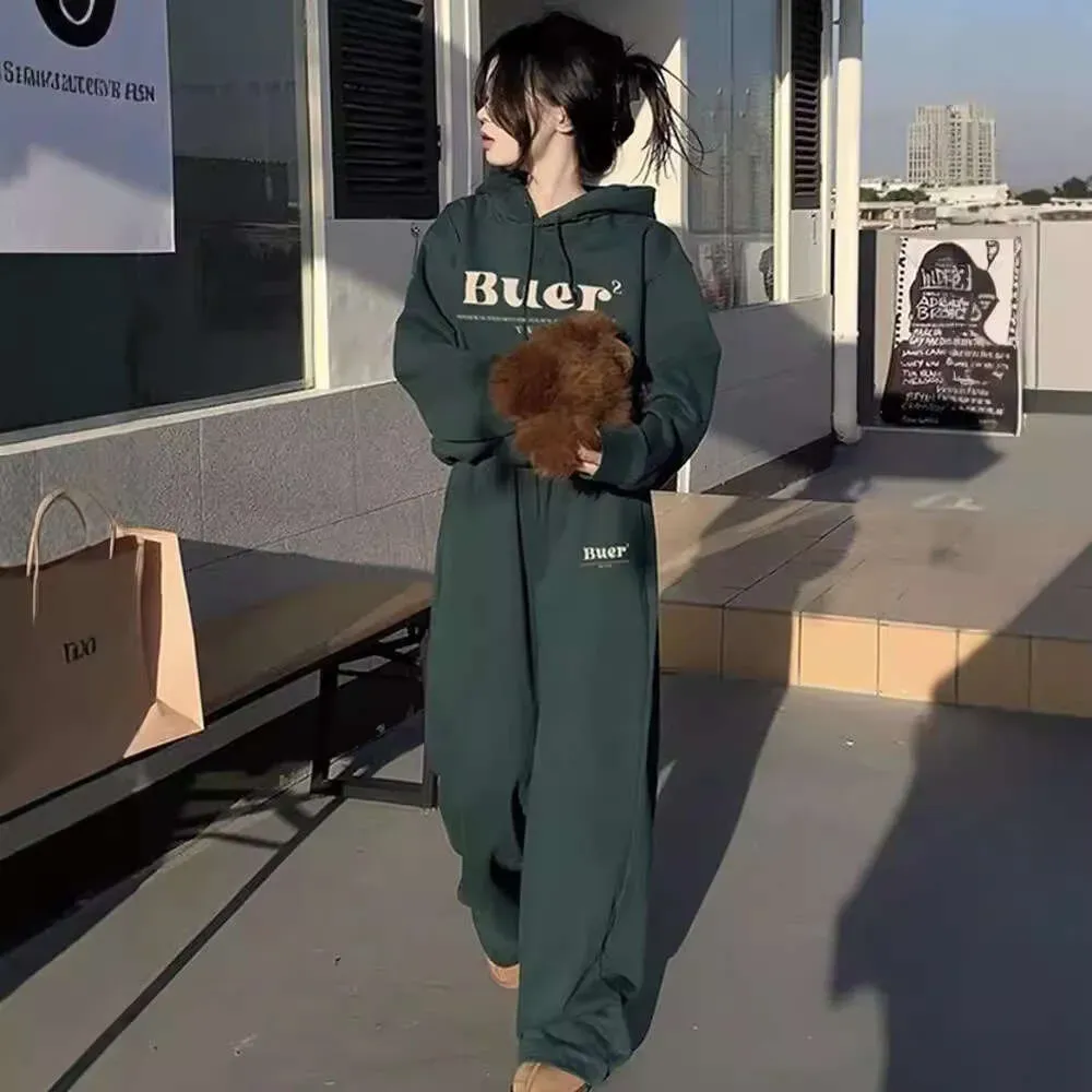 Ensemble deux pièces tendance pour femme : sweat à capuche à lettres style américain, pantalon large et ample, coupe décontractée._voghion.com