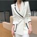 Women's Clothing commuting spring and autumn long sleeved suit set white splicing fashionable female sister slim professional suit solid color_voghion.com