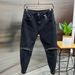 Jeans für Herren, neuer gewaschener High-End-Kniereißverschluss, schwarze Slim Fit, kleine Füße, koreanische Version, mikroverjüngte Freizeithose_voghion.com