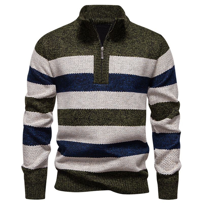 Maglione da uomo in maglia con collo alto e mezza zip – Pullover invernale foderato in pile con dettaglio sportivo (blu navy/verde/beige, M-3XL)_voghion.com