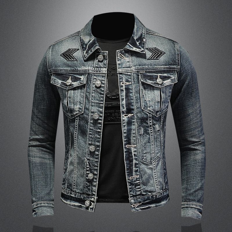 Herenkleding Stijlvol denim jack met opstaande kraag Stretch denim jack voor herenmode_voghion.com
