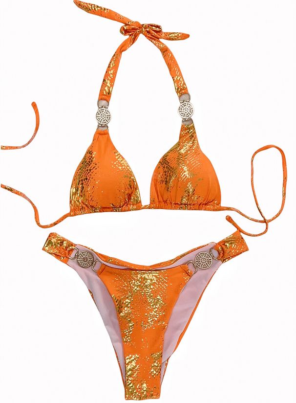Ins Snake Print Bronzing Bikini Kristall Diamant Metall Zubehör Split Damen Badeanzug Urlaub Bademode_voghion.com