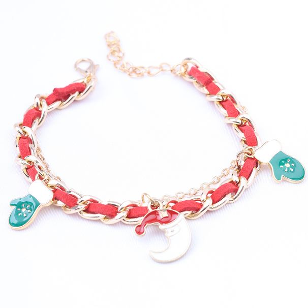 Fashion Gold Plating Links Chain With Leather Inserted Bracelet With Dangling Christmas Charms_voghion.com