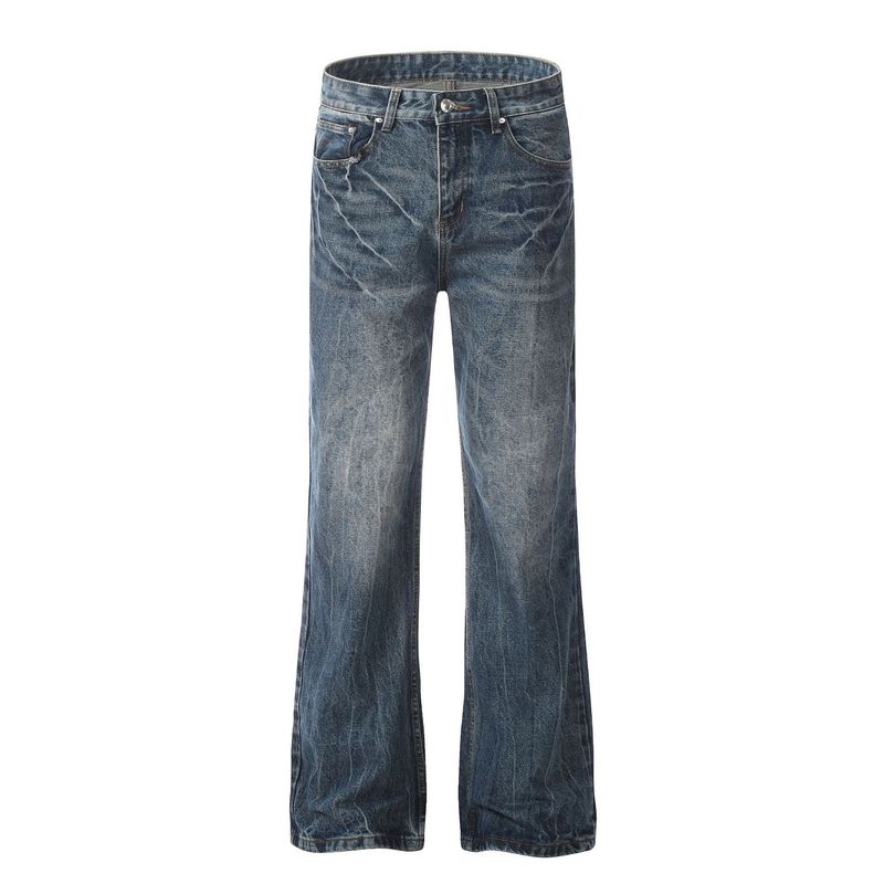 Men's Clothing Retro Style High End Washed Blue Street Trend Lightning Pattern Design Men's Slim Fit Flared Jeans_voghion.com