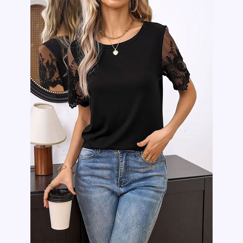 T-shirt col rond en dentelle tricotée pour femmes, vêtements élégants, ample, haut d'épissure en maille, nouvelle collection été 2024_voghion.com