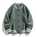 Baseball Collar Cardigan Sweater - Oversized Knit Pullover With Jacquard Design For Men & Women (Grey, Black, Army Green)_voghion.com