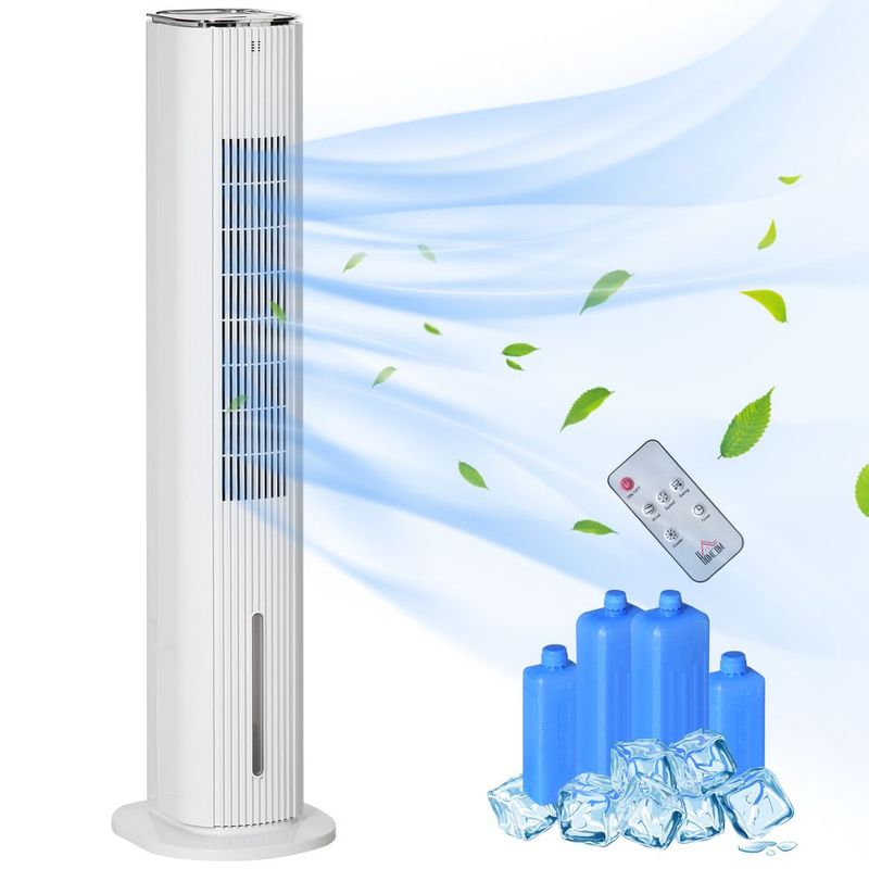 Climatiseur portable pivotant HOMCOM, humidificateur, ventilateur de refroidissement 2 en 1, 3 modes, 3 vitesses, télécommande, 1,3 gal, blanc_voghion.com