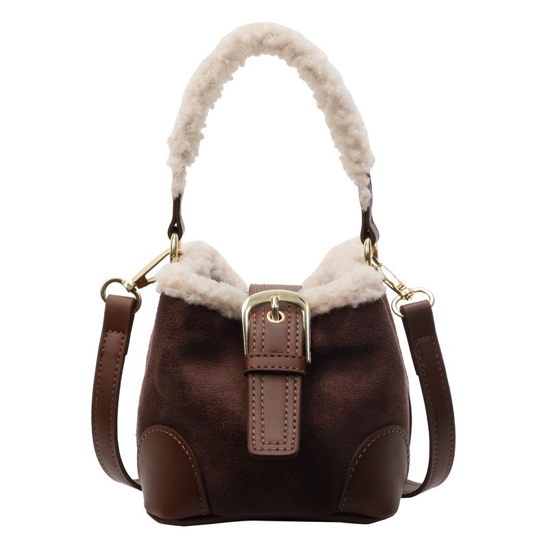 Mini sac seau en poils d'agneau, sac à main en daim Maillard, nouveau sac à main bandoulière à épaule unique 2024_voghion.com