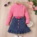 Babykleding Kinderkleding meisjes effen kleur vest shirt met lange mouwen denim open zakplooien Rokpak_voghion.com