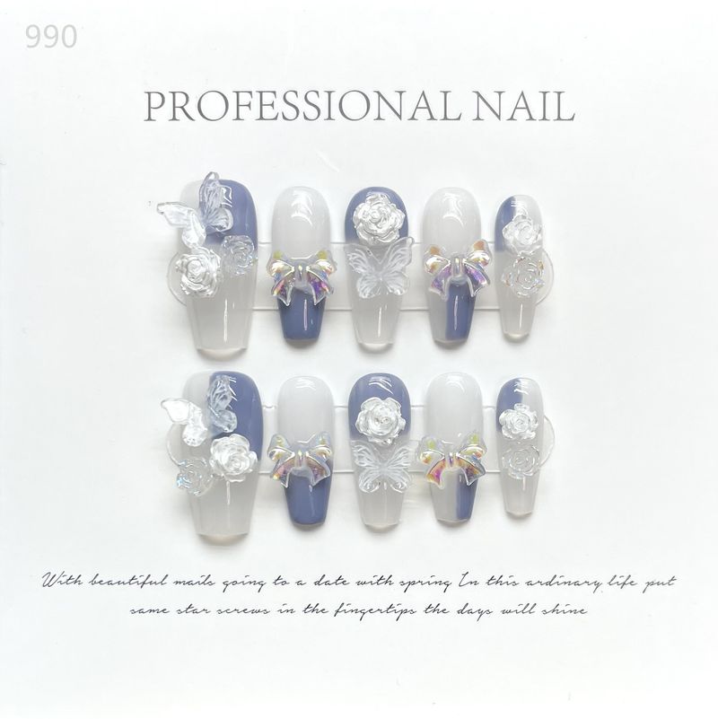 Blauwe handgemaakte 10-delige nagelset Druk op professionele volledige dekking nageltips manicure Angel Rose ontwerp draagbaar F Professial_voghion.com