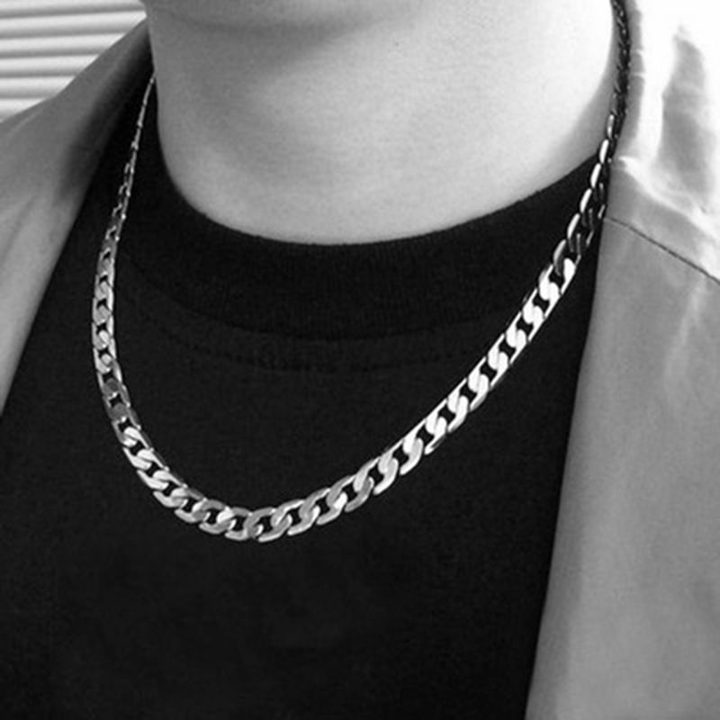 Titanium steel stainless steel hip hop NK necklace wide flat men and women thick and thin chain simple trend ins sweater chain with chain accessories_voghion.com