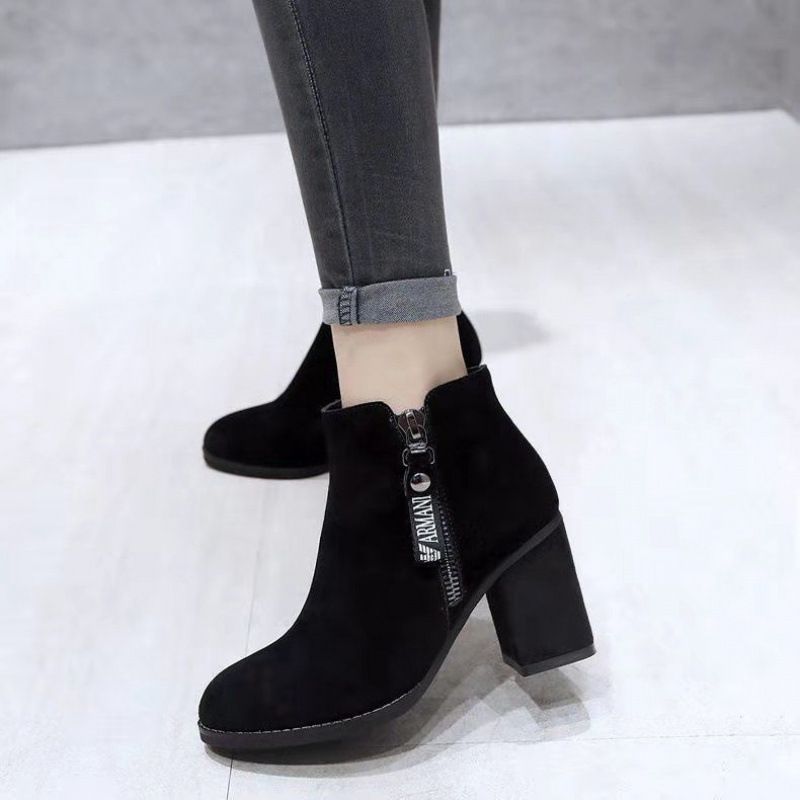 2023 Women's Short Spring And Single Boots High Thick Heels Cotton Winter Black Shoes Autumn_voghion.com