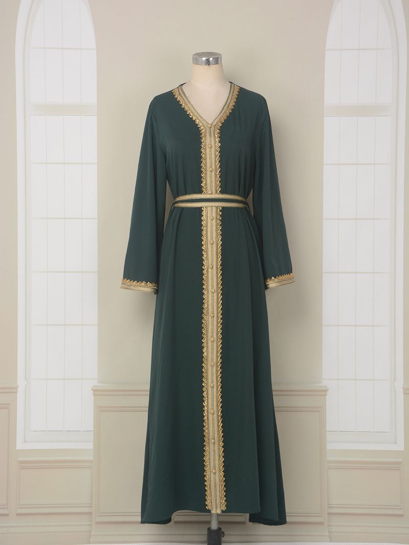 Abito da donna semplice alla moda in pizzo tubolare con perline dorate abaya musulmana mediorientale_voghion.com