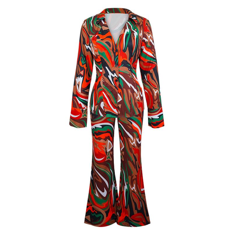 Women's Deep V Sexy Printed Shirt Wide Leg Pants Fashion Casual Two-piece Set_voghion.com