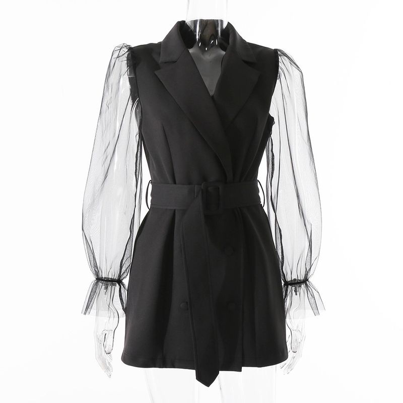 Jupe de costume sexy en gaze transparente à manches longues pour femmes, robe à double boutonnage à la taille_voghion.com