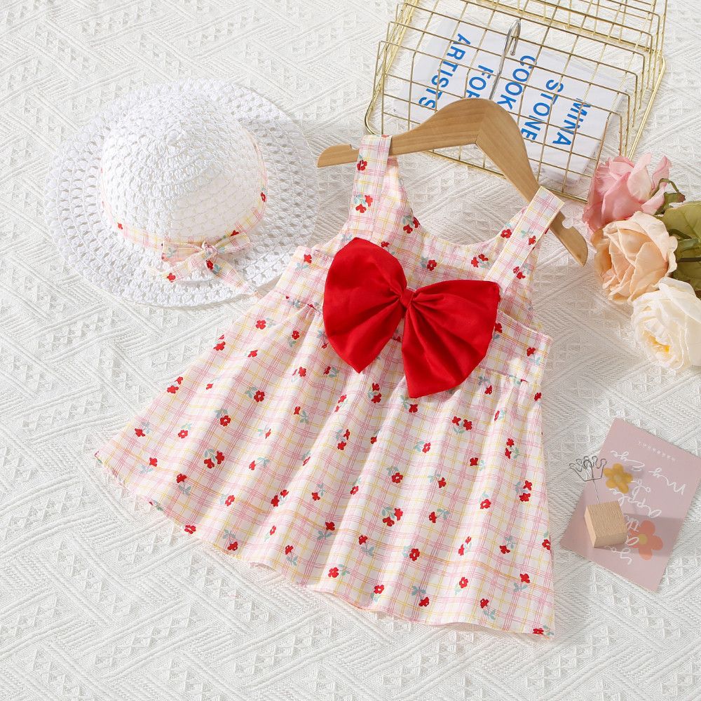 Baby Girl Cotton Dress Floral Plaid Printed Back Bow Dress Kids Beach Vacation Style Dress Send Hat_voghion.com