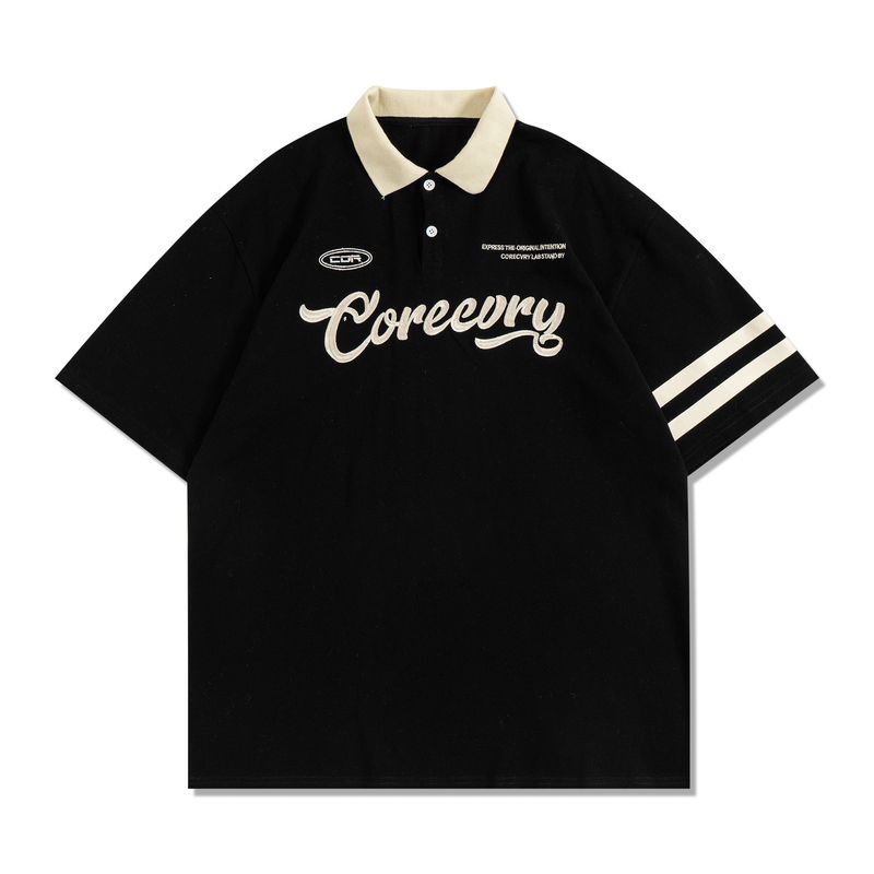 Herrenbekleidung Amerikanisches Retro-Revers-Kurzarm-T-Shirt für Herren im trendigen Hong Kong-Stil, lockeres Paar, Sport, lockeres Kurzarm-POLO_voghion.com