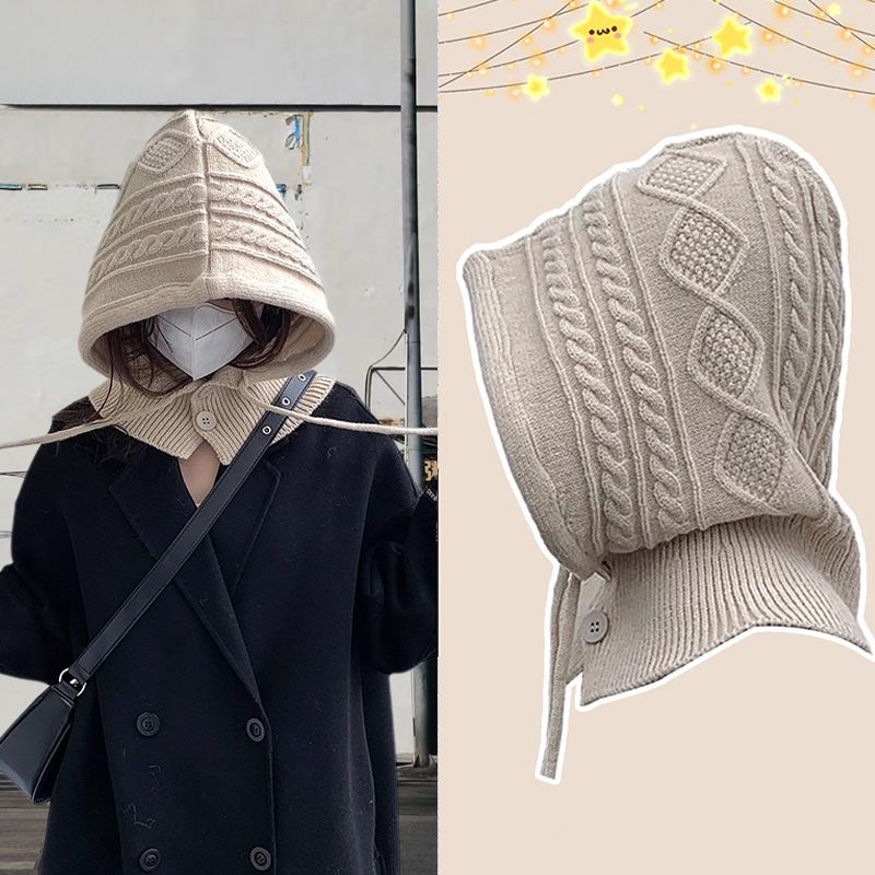 Balaclava women's winter warm Fried Dough Twists braid scarf integrated ear protection cold proof wool knitting hat_voghion.com