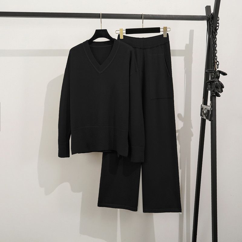 Completo da donna con maglione oversize in maglia e pantaloni larghi a vita alta – Completo casual in due pezzi con texture 3D alla moda, abbigliamento da casa morbido ed elegante_voghion.com