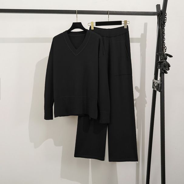 Completo da donna con maglione oversize in maglia e pantaloni larghi a vita alta – Completo casual in due pezzi con texture 3D alla moda, abbigliamento da casa morbido ed elegante_voghion.com