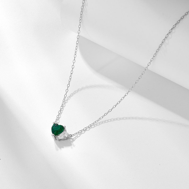 Women's Jewelry Emerald Heart Shaped Zircon Sterling Silver Necklace Niche Light Luxury High End Simple Versatile Clavicle Chain_voghion.com