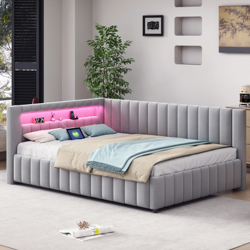Polsterbett Schlafsofa 140x200, Gepolstertes Aus Samtstoff Mit LED-Licht Und USB-Ladeanschluss, Mit Rückenlehne, Kopfteil Und Stabilem Bettrahmen Grau_voghion.com