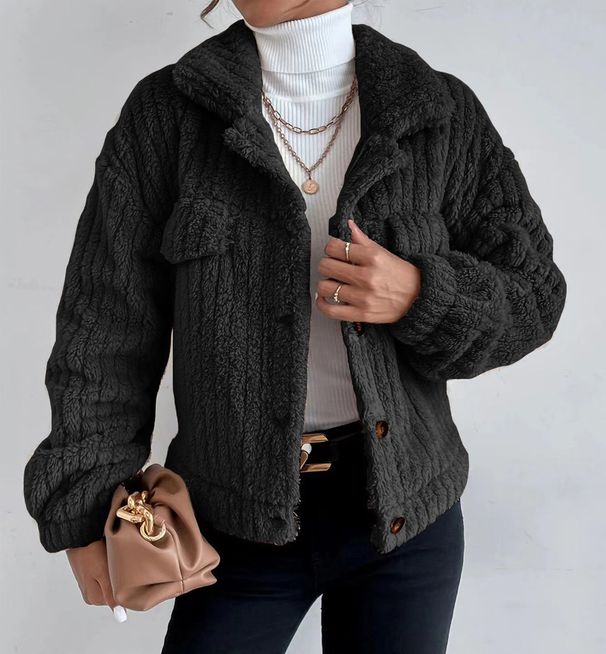 Women's rabbit fleece coat lapel shirt with fleece comfortable casual thickened fleece coat_voghion.com