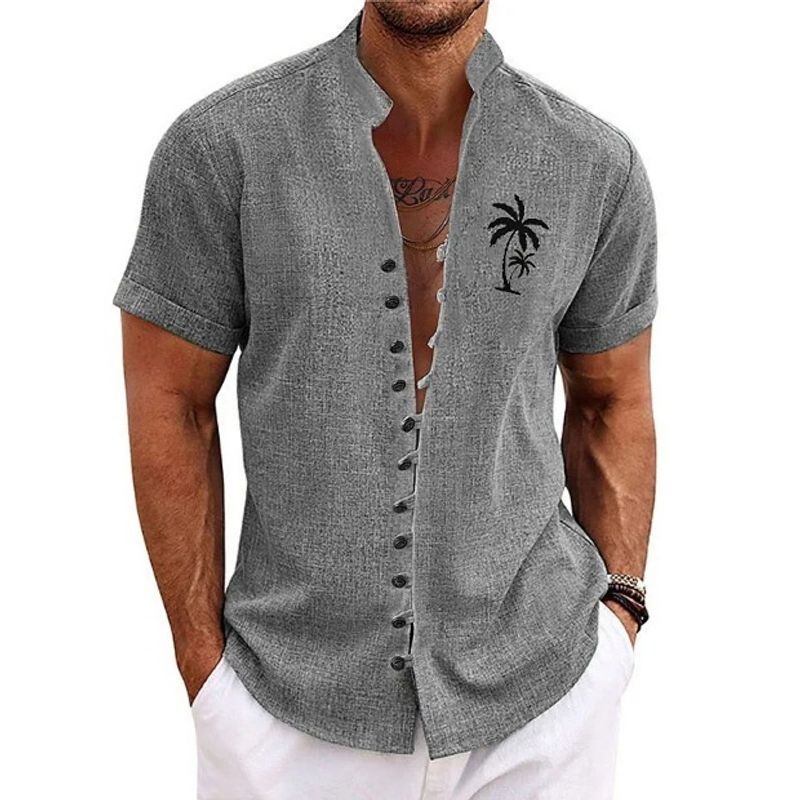 Camicia a maniche corte con colletto abbottonato, stile retrò, in cotone e lino, estiva, da uomo_voghion.com