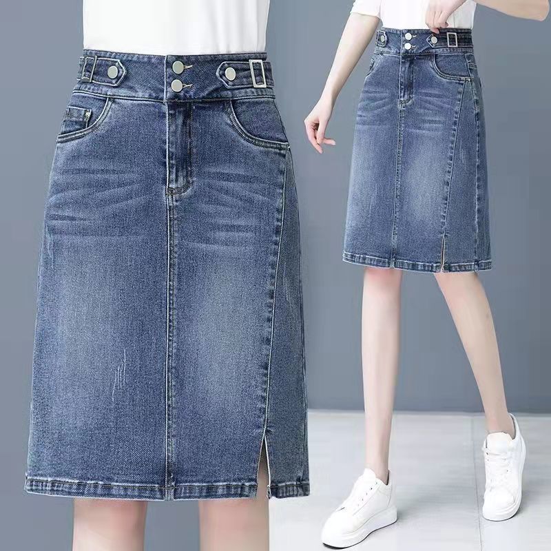 Damenbekleidung neuer großer Kordelzug elastische Taille geteilter Jeansrock Damen Frühjahr und Sommer hohe Taille schlanker A-Linien-Mittellanger Rock_voghion.com