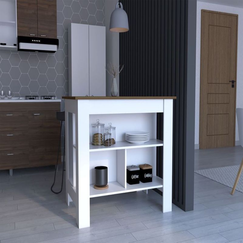 Kitchen Island Dozza, Three Shelves, White / Walnut Finish_voghion.com