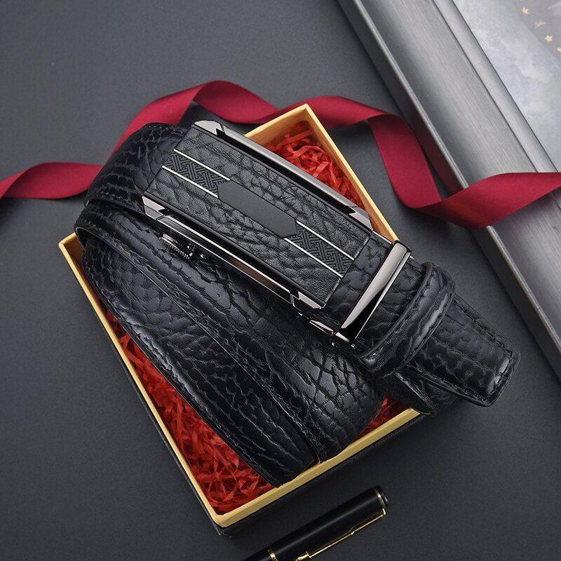 New belt men's buffalo patterned alloy leather automatic buckle cowhide belt versatile casual simple pants belt_voghion.com