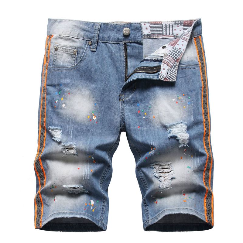 Man's Clothing Trendy Shorts Night Reflective Colored Webbing Ripped Hand Paint Denim Midget Pants_voghion.com