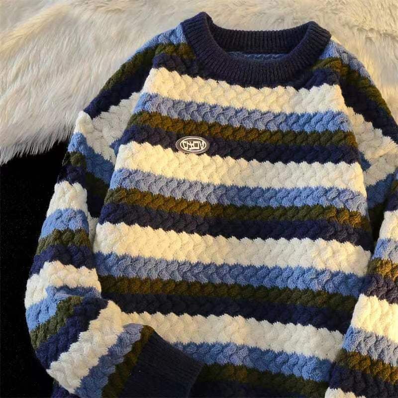 Vêtements pour hommes nouveau pull rayé torsadé arc-en-ciel pour hommes automne et hiver rétro épais col rond pull à manches longues_voghion.com