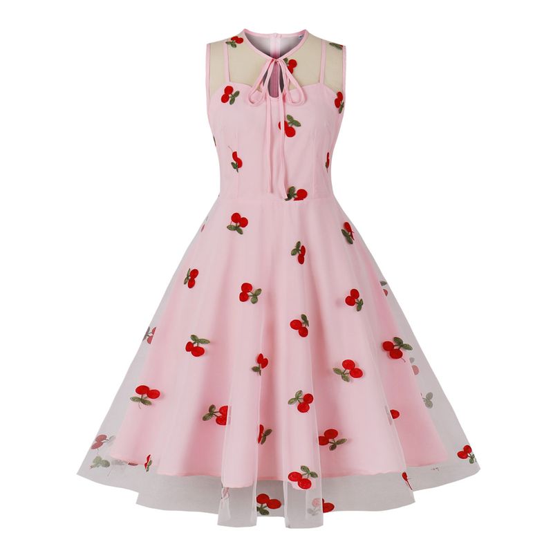 Damenbekleidung Versorgung Mesh Stickerei Taille ärmelloses Weihnachtspalast Swing Midikleid_voghion.com
