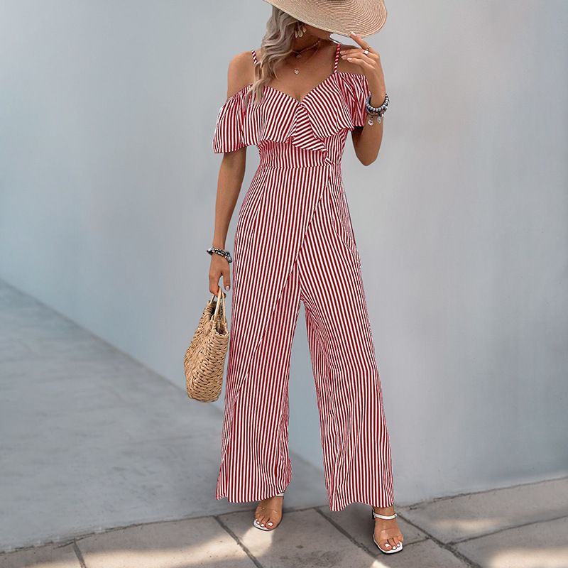 Tuta lunga a gamba larga a righe verticali con spalline scoperte, stile casual europeo e americano, 2025_voghion.com