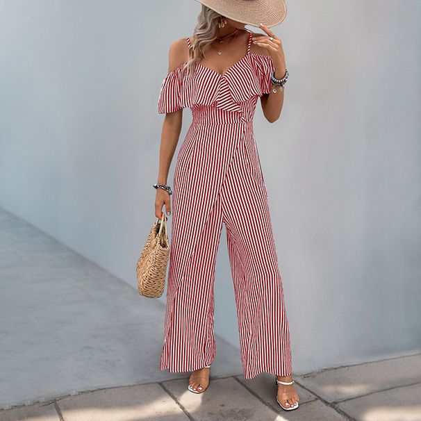 Tuta lunga a gamba larga a righe verticali con spalline scoperte, stile casual europeo e americano, 2025_voghion.com