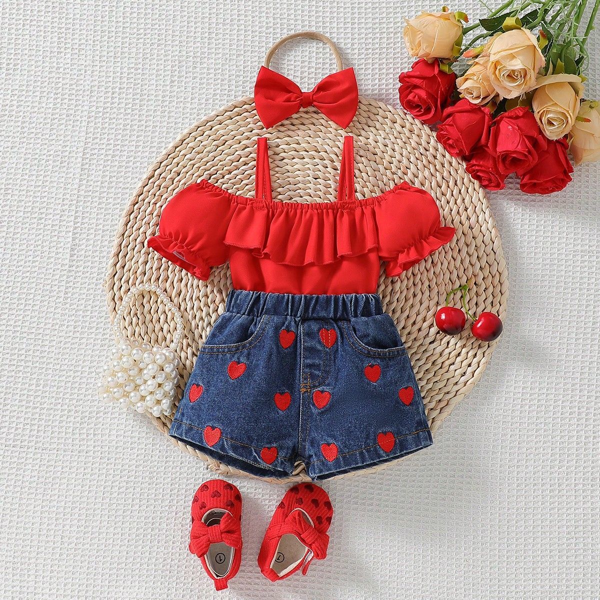 Ensemble 3 pièces pour bébé fille : haut à volants épaules dénudées et short en jean brodé cœur avec bandana – Tenue d'été (6 mois à 3 ans)_voghion.com