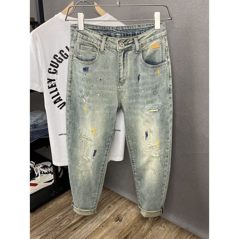 Jeans da uomo leggeri e di lusso con toppe a spruzzo d'inchiostro, nuovi stili autunnali, marchi alla moda, pantaloni skinny aderenti casual elasticizzati strappati_voghion.com