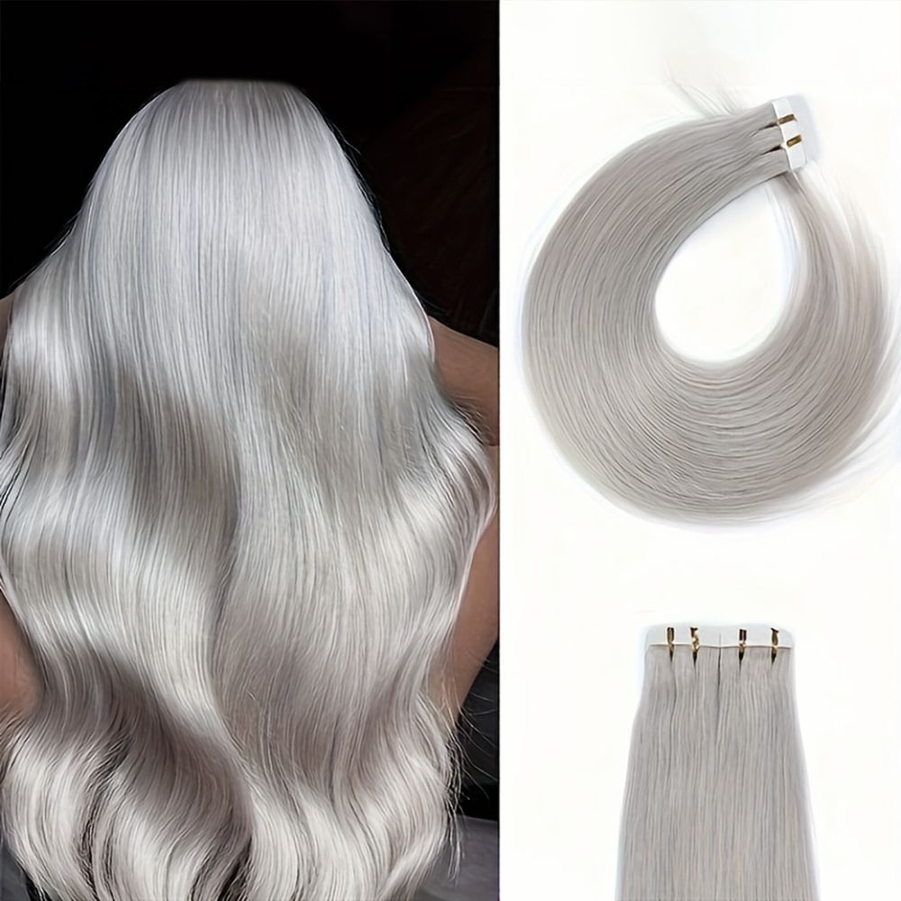 Ταινία σε επεκτάσεις μαλλιών Remy από ανθρώπινη τρίχα, ασημί γκρι, ίσια, χωρίς ραφές, αόρατη, κόλλα μακράς διαρκείας, 14-24_voghion.com