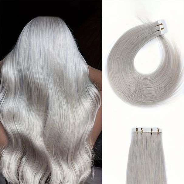 Ταινία σε επεκτάσεις μαλλιών Remy από ανθρώπινη τρίχα, ασημί γκρι, ίσια, χωρίς ραφές, αόρατη, κόλλα μακράς διαρκείας, 14-24_voghion.com