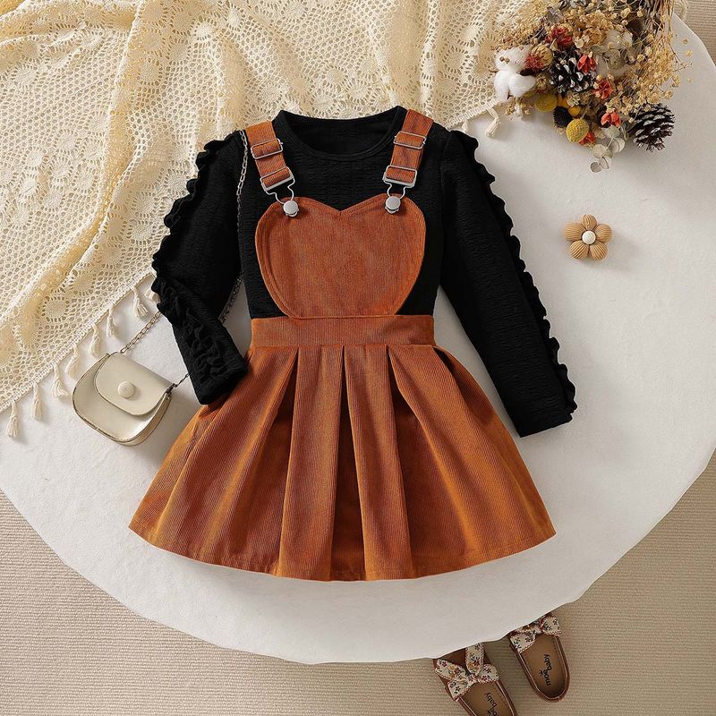Completo top con maniche a palloncino testurizzate e vestito scamiciato per bambine - Completo in morbido poliestere da 2 pezzi per bambini dai 3 agli 8 anni (100-140 cm), alla moda e giocoso_voghion.com