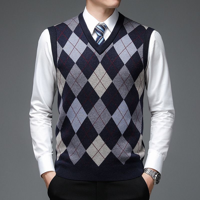 Men's Clothing V-neck Sleeveless Sweater with Wool Vest Sleeveless Sweater for Middle-aged and Elderly Dads Warm Sweater Vest Fashionable_voghion.com